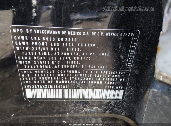 3VV2B7AXXLM154287 2020 VOLKSWAGEN TIGUAN Black Engine compartment view