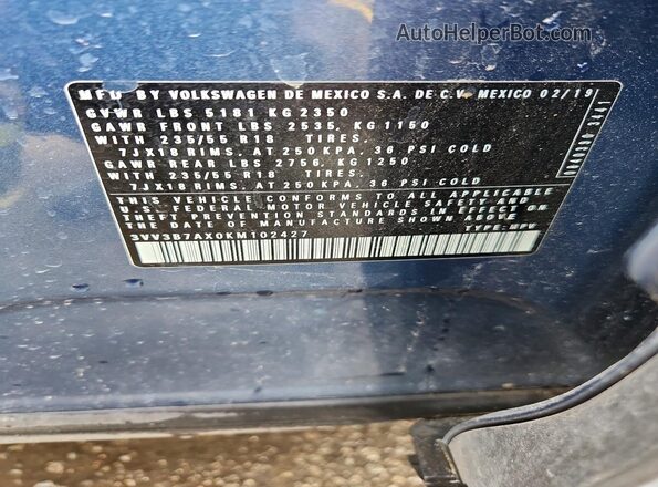 3VV3B7AX0KM102427 2019 VOLKSWAGEN TIGUAN Blue VIN კოდის სტიკერის ხედი