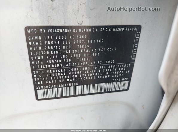 3VV3B7AX0LM115566 2020 VOLKSWAGEN TIGUAN White Вид підкапотного простору