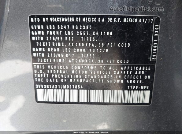 3VV3B7AX1JM017854 2018 VOLKSWAGEN TIGUAN Gray Vista del compartimento del motor
