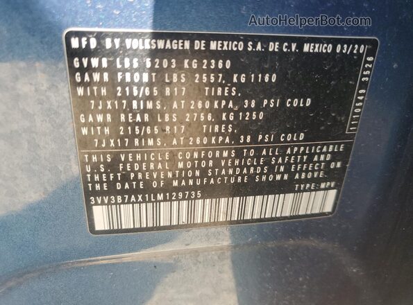 3VV3B7AX1LM129735 2020 VOLKSWAGEN TIGUAN Blue Vista de la etiqueta del VIN