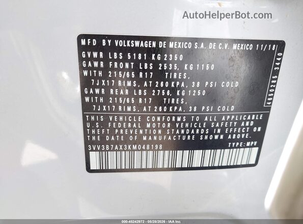 3VV3B7AX3KM048198 2019 VOLKSWAGEN TIGUAN White Widok komory silnika