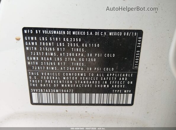 3VV3B7AX3KM194472 2019 VOLKSWAGEN TIGUAN White Widok komory silnika