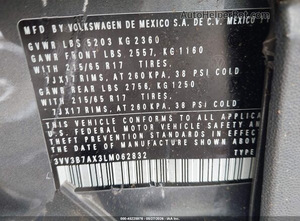 3VV3B7AX3LM062832 2020 VOLKSWAGEN TIGUAN Gray Շարժիչի բաժամունքի տեսք