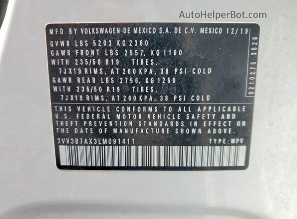 3VV3B7AX3LM091411 2020 VOLKSWAGEN TIGUAN White 