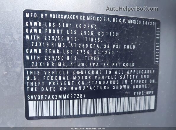 3VV3B7AX3MM027287 2021 VOLKSWAGEN TIGUAN Silver Вид підкапотного простору
