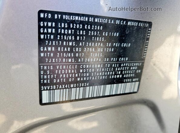 3VV3B7AX4LM013834 2020 VOLKSWAGEN TIGUAN Silver VIN sticker view