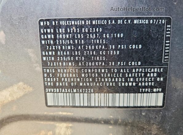 3VV3B7AX4LM147226 2020 VOLKSWAGEN TIGUAN Gray 