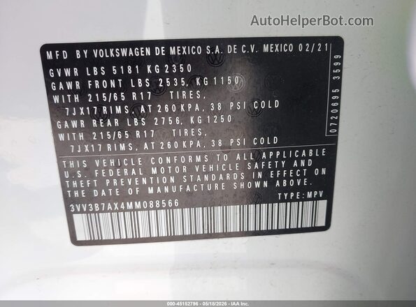3VV3B7AX4MM088566 2021 VOLKSWAGEN TIGUAN White Engine compartment view