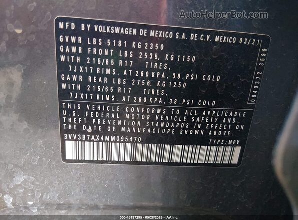 3VV3B7AX4MM095470 2021 VOLKSWAGEN TIGUAN Gray Вид підкапотного простору