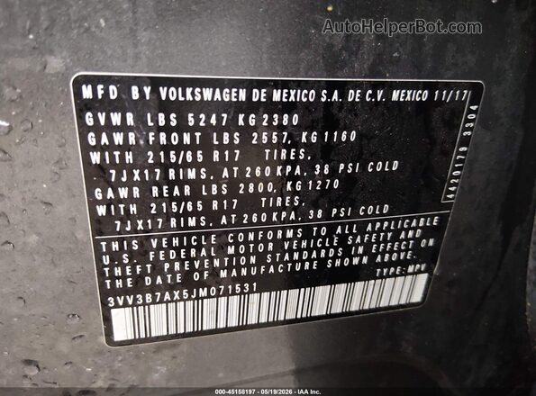 3VV3B7AX5JM071531 2018 VOLKSWAGEN TIGUAN Серый Вид подкапотного пространства