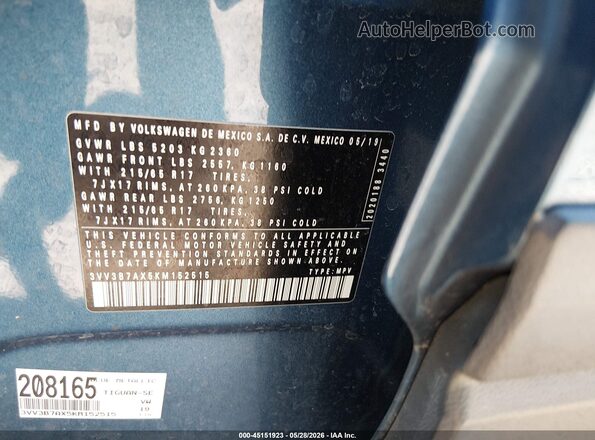 3VV3B7AX5KM152515 2019 VOLKSWAGEN TIGUAN Blue Вид підкапотного простору