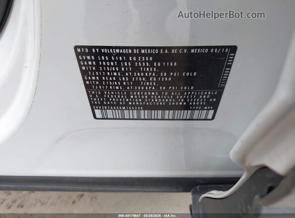 3VV3B7AX5KM155236 2019 VOLKSWAGEN TIGUAN Белый Вид подкапотного пространства