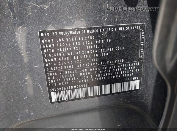 3VV3B7AX5MM059528 2021 VOLKSWAGEN TIGUAN Gray 