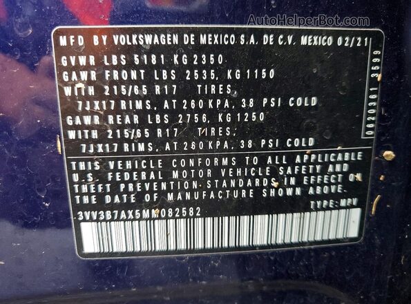 3VV3B7AX5MM082582 2021 VOLKSWAGEN TIGUAN Blue VIN sticker view
