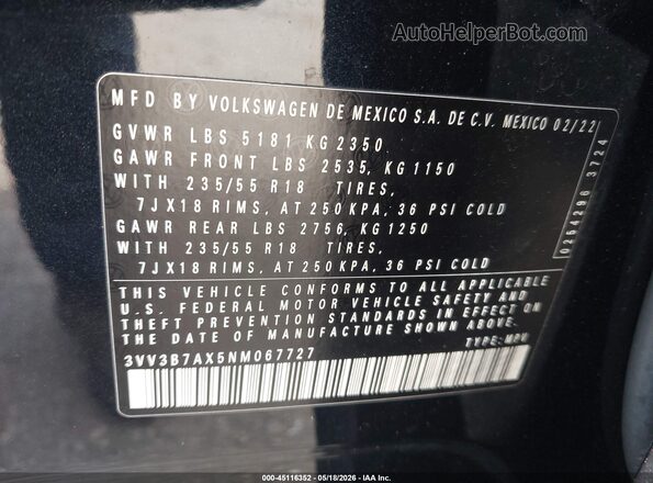 3VV3B7AX5NM067727 2022 VOLKSWAGEN TIGUAN Black Vista del compartimento del motor