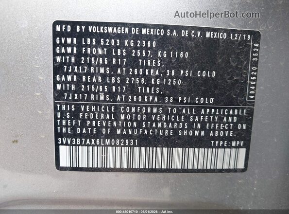 3VV3B7AX6LM082931 2020 VOLKSWAGEN TIGUAN Gray Widok komory silnika