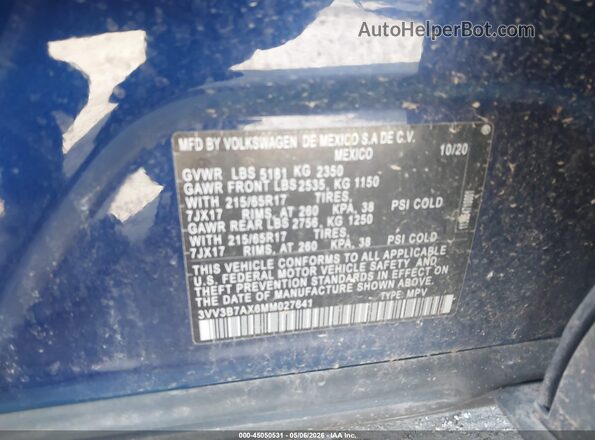 3VV3B7AX6MM027641 2021 VOLKSWAGEN TIGUAN Blue 