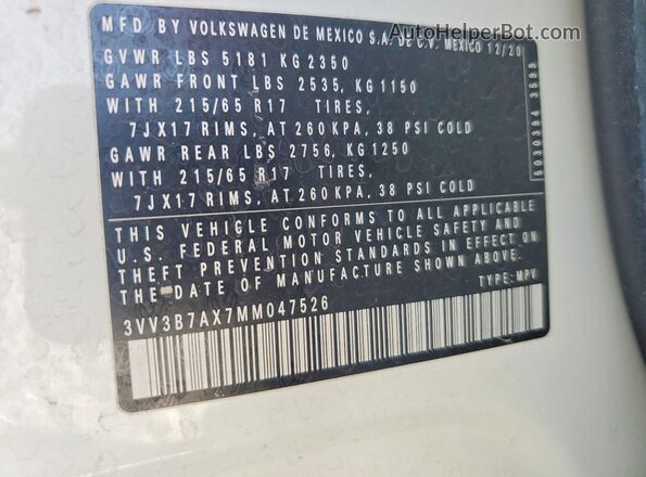 3VV3B7AX7MM047526 2021 VOLKSWAGEN TIGUAN White VIN sticker view