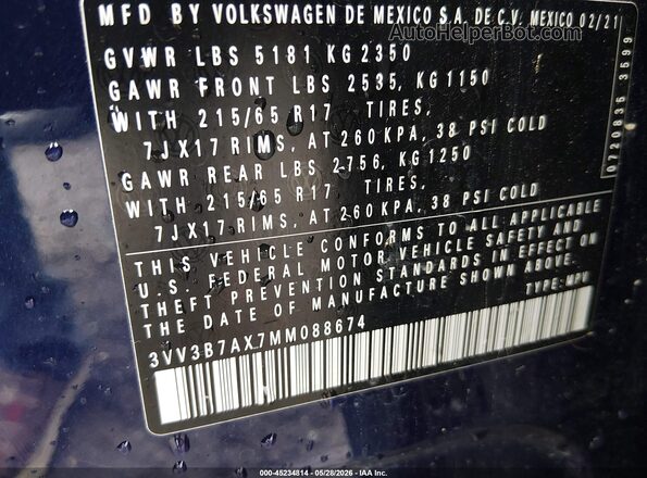 3VV3B7AX7MM088674 2021 VOLKSWAGEN TIGUAN Blue Вид підкапотного простору