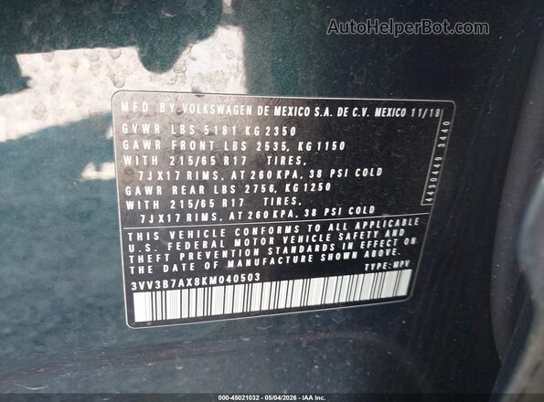 3VV3B7AX8KM040503 2019 VOLKSWAGEN TIGUAN Зеленый 