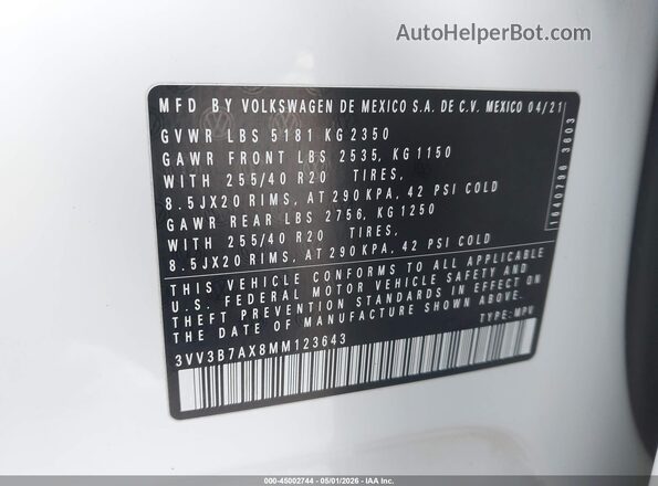 3VV3B7AX8MM123643 2021 VOLKSWAGEN TIGUAN White Вид підкапотного простору