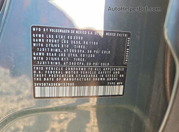 3VV3B7AX9KM137595 2019 VOLKSWAGEN TIGUAN Бирюзовый Вид подкапотного пространства