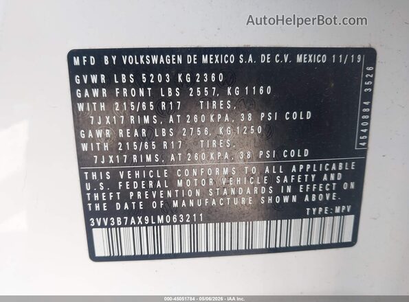 3VV3B7AX9LM063211 2020 VOLKSWAGEN TIGUAN White Engine compartment view