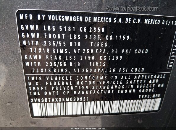 3VV3B7AXXKM089931 2019 VOLKSWAGEN TIGUAN Gray Շարժիչի բաժամունքի տեսք