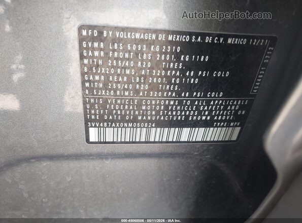 3VV4B7AX0NM050824 2022 VOLKSWAGEN TIGUAN Gray 