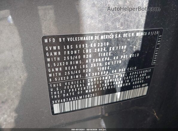 3VV4B7AX3LM108261 2020 VOLKSWAGEN TIGUAN Серый Вид подкапотного пространства