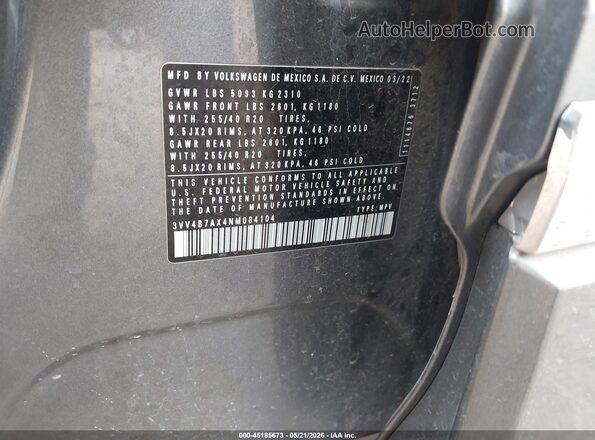 3VV4B7AX4NM084104 2022 VOLKSWAGEN TIGUAN Gray Widok komory silnika