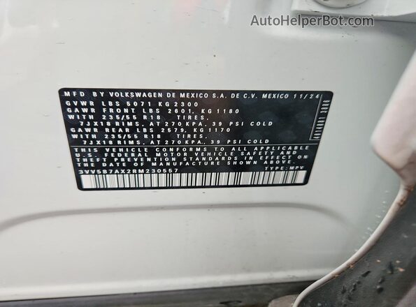 3VV5B7AX2RM230557 2024 VOLKSWAGEN TIGUAN White Vista de la etiqueta del VIN