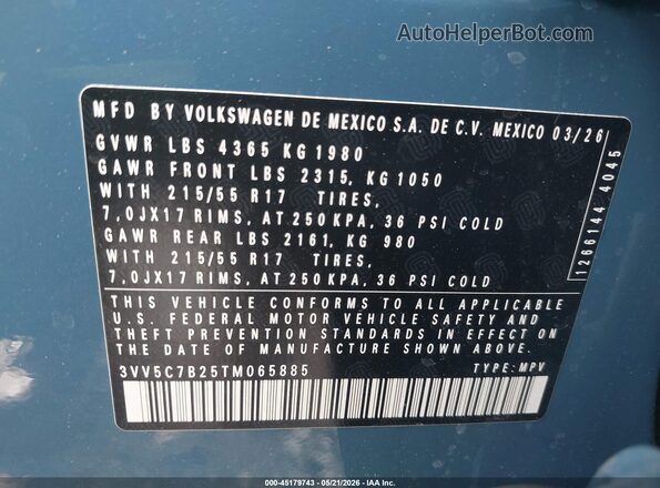 3VV5C7B25TM065885 2026 VOLKSWAGEN TAOS Blue Vista del compartimento del motor