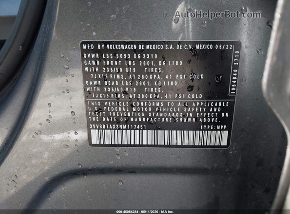 3VV8B7AX3NM117451 2022 VOLKSWAGEN TIGUAN Gray Widok komory silnika