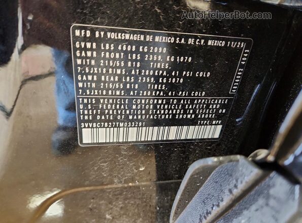 3VV8C7B27TM033291 2026 VOLKSWAGEN TAOS Black Widok naklejki z numerem VIN