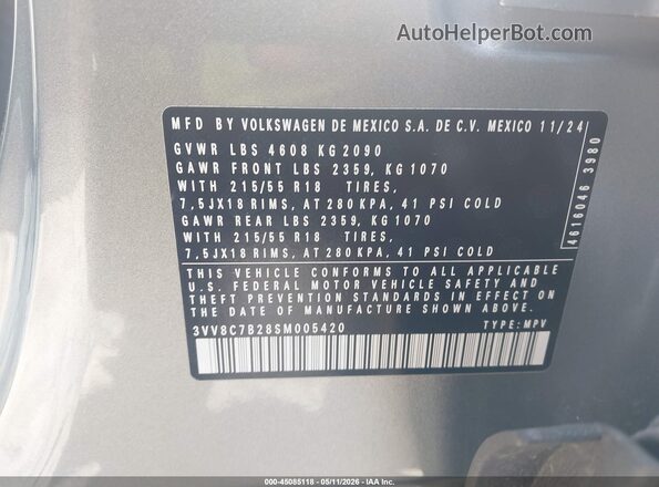 3VV8C7B28SM005420 2025 VOLKSWAGEN TAOS Silver 