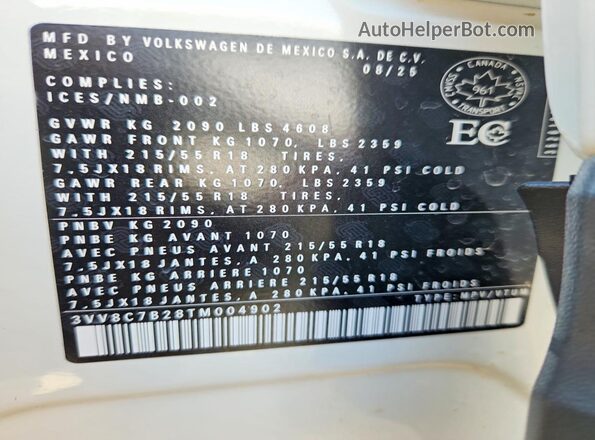 3VV8C7B28TM004902 2026 VOLKSWAGEN TAOS White 