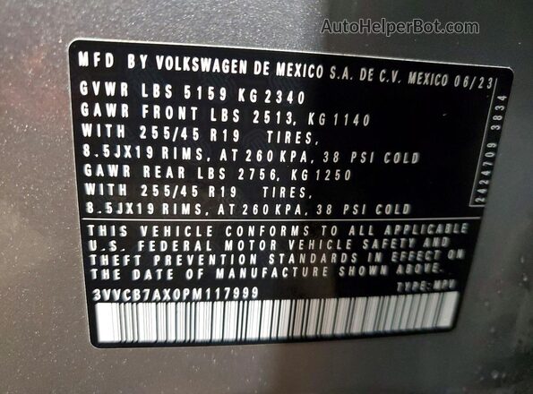 3VVCB7AX0PM117999 2023 VOLKSWAGEN TIGUAN Silver Панорамний вид салону 360°