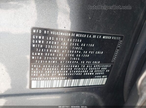 3VVCB7AX1NM083861 2022 VOLKSWAGEN TIGUAN Серый Вид подкапотного пространства