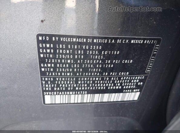3VVCB7AX3NM014735 2022 VOLKSWAGEN TIGUAN Gray Շարժիչի բաժամունքի տեսք