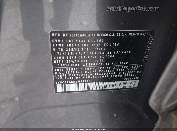 3VVCB7AX6NM157730 2022 VOLKSWAGEN TIGUAN Серый Вид подкапотного пространства