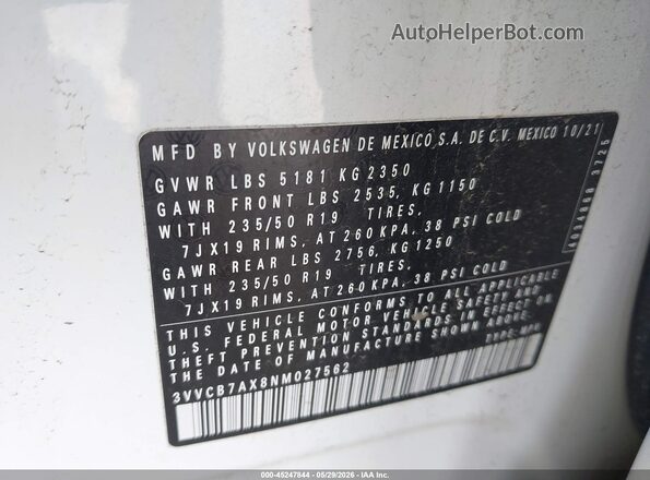 3VVCB7AX8NM027562 2022 VOLKSWAGEN TIGUAN White Շարժիչի բաժամունքի տեսք