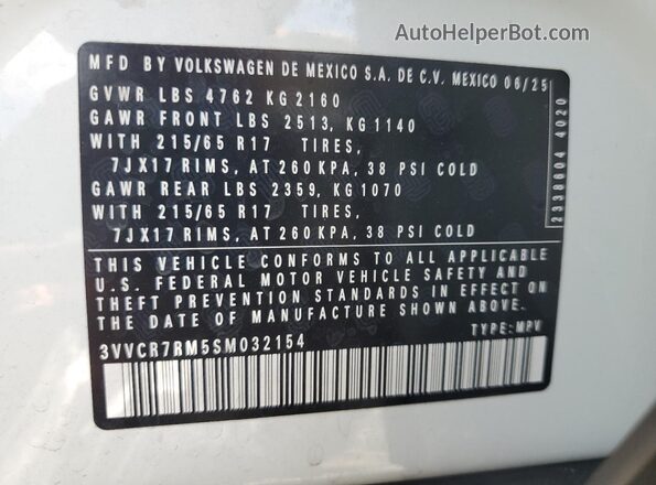 3VVCR7RM5SM032154 2025 VOLKSWAGEN TIGUAN White 360 interior view