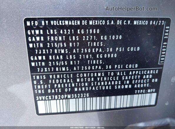 3VVCX7B20PM352326 2023 VOLKSWAGEN TAOS Серебряный Вид подкапотного пространства