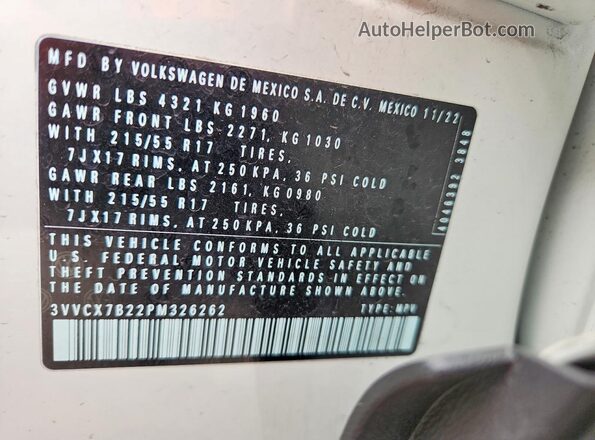 3VVCX7B22PM326262 2023 VOLKSWAGEN TAOS White 