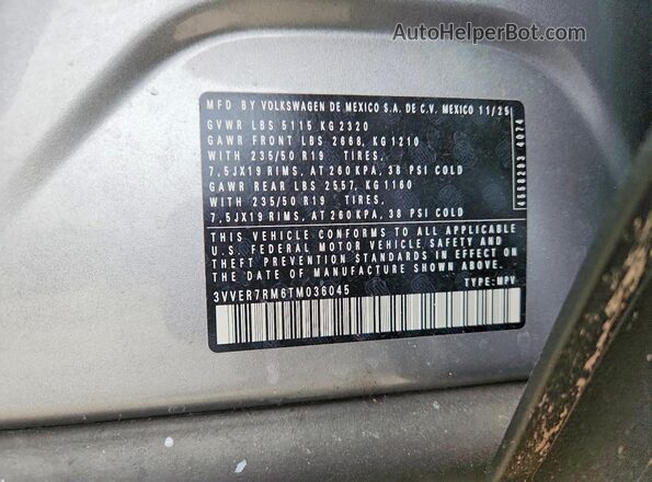 3VVER7RM6TM036045 2026 VOLKSWAGEN TIGUAN Серебряный 
