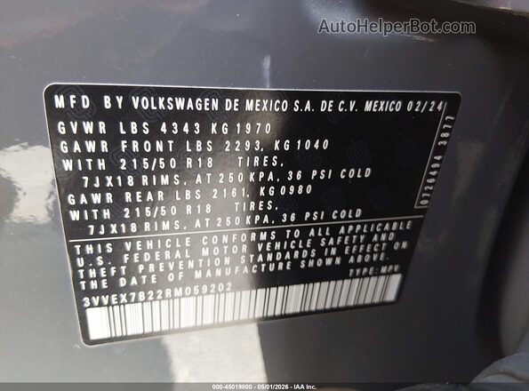 3VVEX7B22RM059202 2024 VOLKSWAGEN TAOS Серый Вид подкапотного пространства