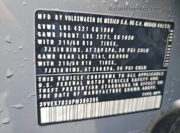 3VVEX7B26PM380205 2023 VOLKSWAGEN TAOS Gray Vista de la etiqueta del VIN