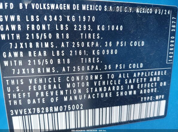 3VVEX7B28RM075002 2024 VOLKSWAGEN TAOS Blue Engine compartment view